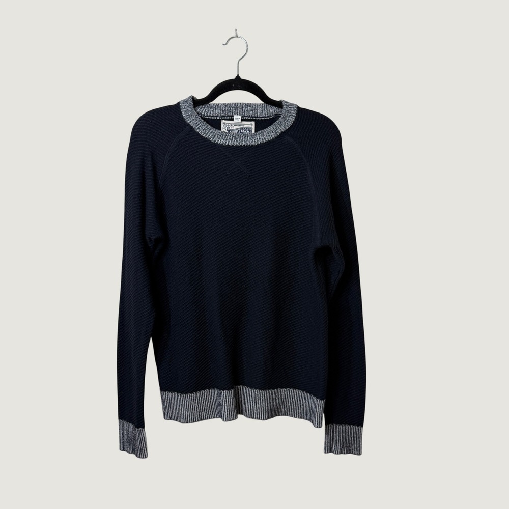Schott Bros Navy 100% Cotton Textured Knit Sweater Preppy Heritage Americana